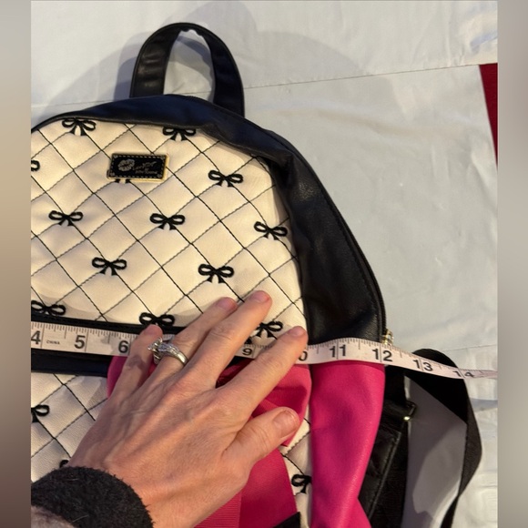 Betsy Johnson Black Pink Quilted Backpack 12”x14” Pink Bow Gold Buckle Strap BAG main image 16